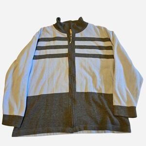 Dressbarn Woman Zip Up Cardigan Sweater Gray & Light Blue Striped Mock Neck Size